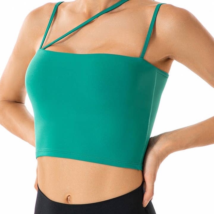 Débardeur de soutien-gorge de sport long à bretelles découpées asymétriques pour la vente par Active by Anna-Kaci