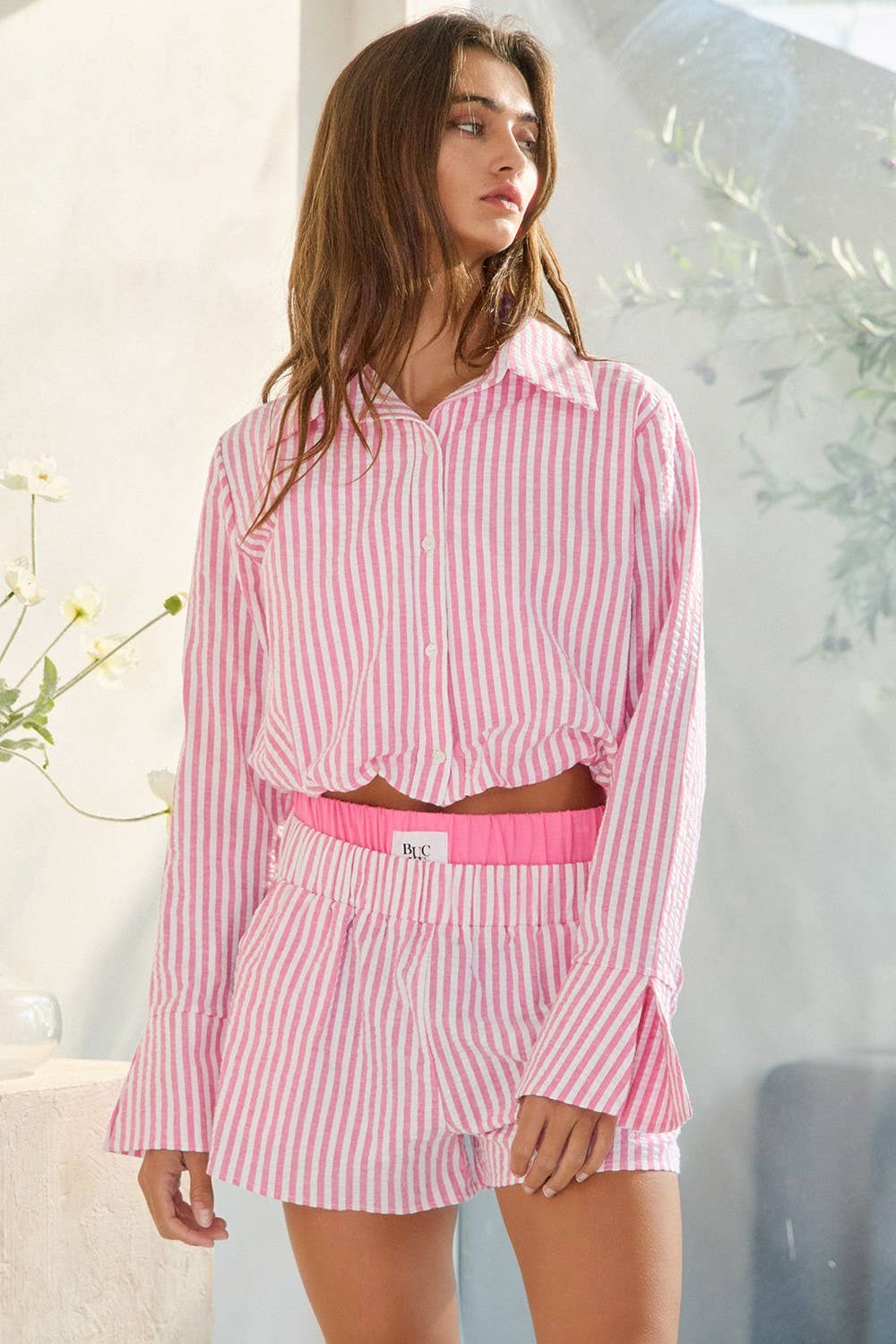 BUCKETLIST INC - Wholesale Shorts - Women's - P5492-1B Waist Double Elastic Banded Boxer Stripe Shorts 13