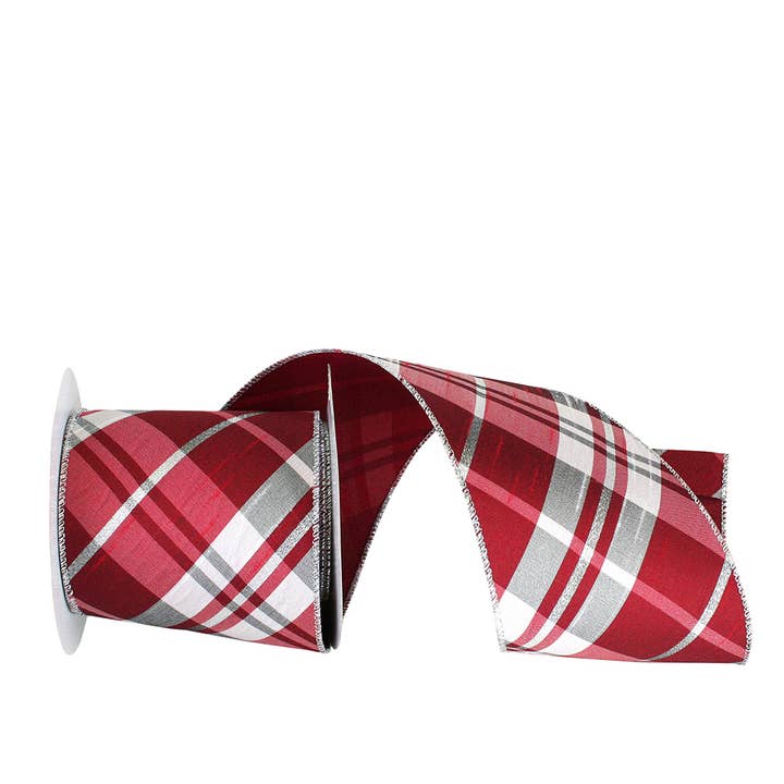 Dupioni Diagonal Sterling Plaid Wired Edge, Red/silver for wholesale by RELIANT RIBBON