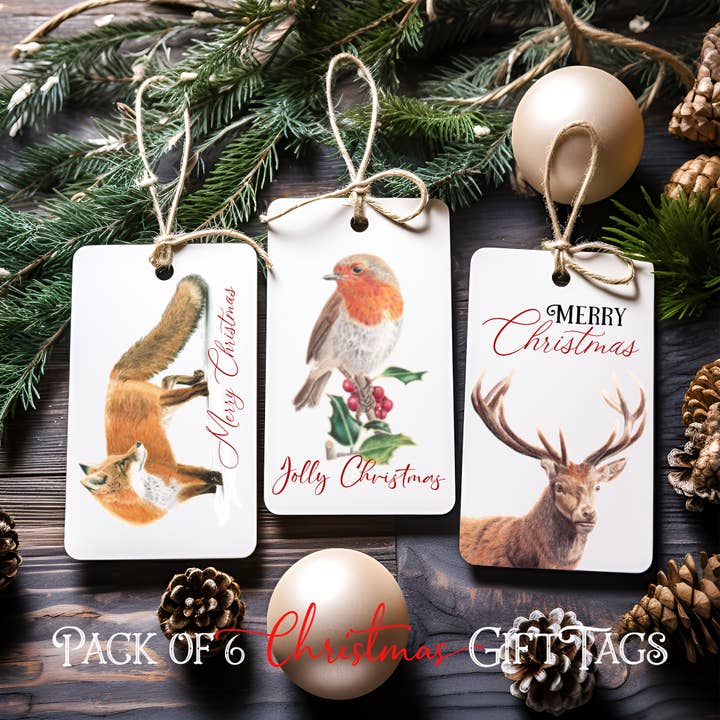Pack of 6 Christmas Gift Tags - Robin | Fox | Stag | Xmas for wholesale by Gemini's Fine Art Studio