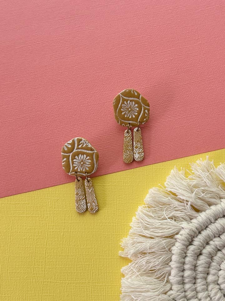 Organic Dangle Stud in Mustard | Polymer Clay Earrings for wholesale by Easy Peasy Cutters
