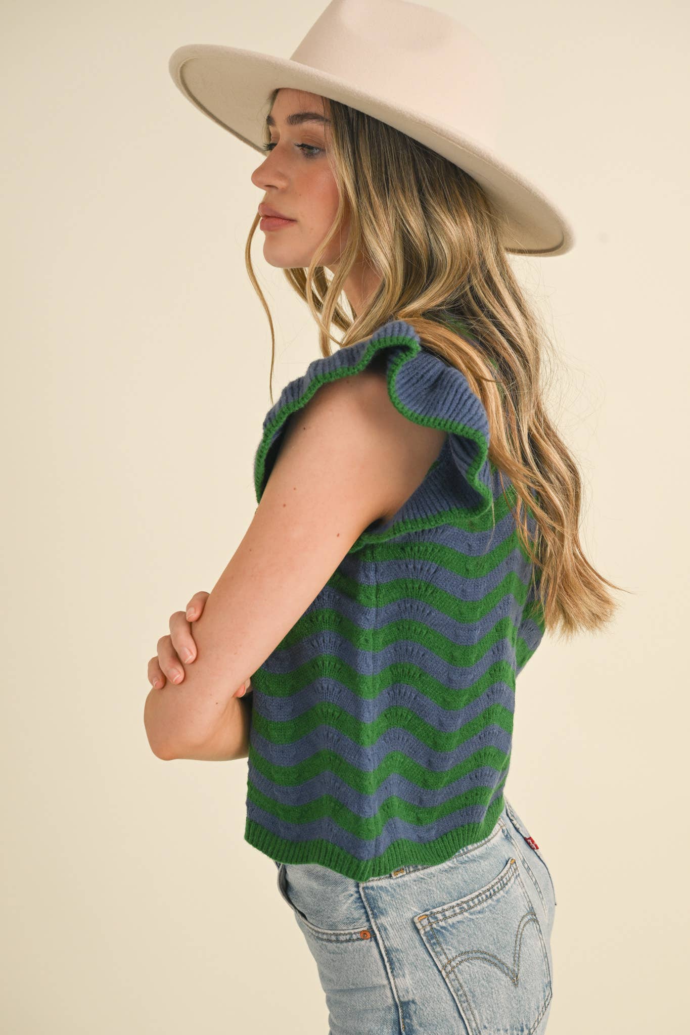 &MERCI - Wholesale Knit Sweater - Women's - WAVY STRIPES FLUTTER SLEEVE SWEATER TOP MSW1050992