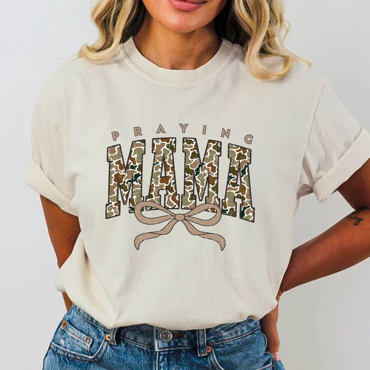 Praying Mama Camo Coquette Bow Comfort Colors T Shirt for wholesale by Scripted Pearl