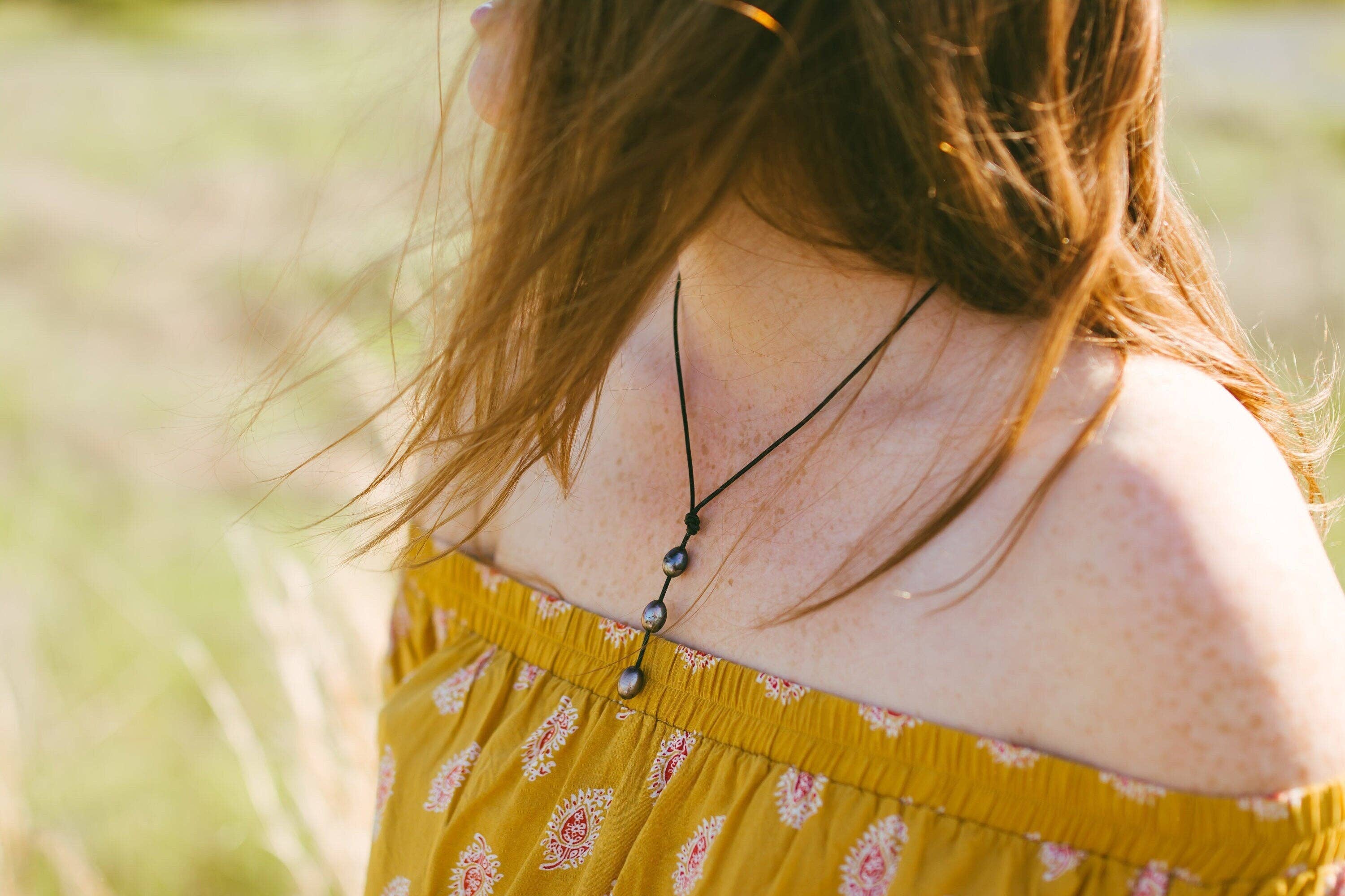 The Rustic Boho Chic - Vente Sautoir et collier en Y - Collier lariat en cuir avec perle, cadeau de 3ème anniversaire pour femme, pierre de naissance de juin5