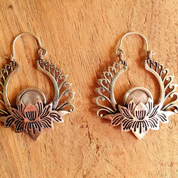 Kaali Boutique - Wholesale Hoop Earrings - Silver Lotus Flower Moonstone Earrings rustic, yoga, hippie, gypsy, pretty, psy, boho, bohemian, festival2
