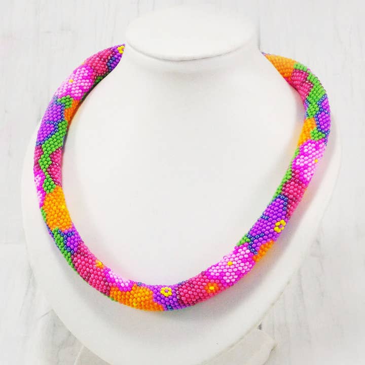 Colorful Big Flower Necklace for Women Bright Flower Print Multicolor Rainbow Statement Jewelry with Wildflower Garden Daughter in Law Gift for wholesale by Ninolia