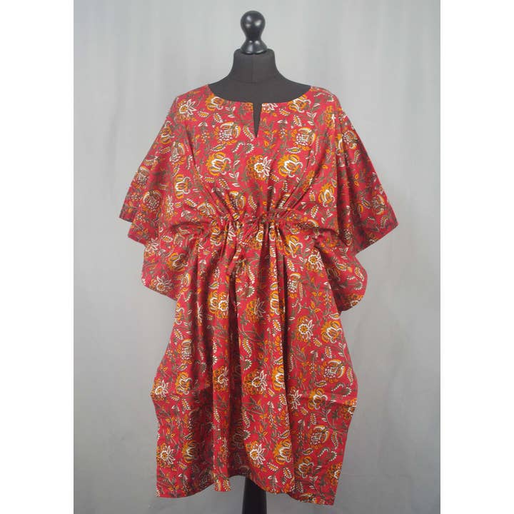 Cubre/caftanes de algodón con estampado de bloques - Maroon/Red Carnation para venta al por mayor de Kantha Decor