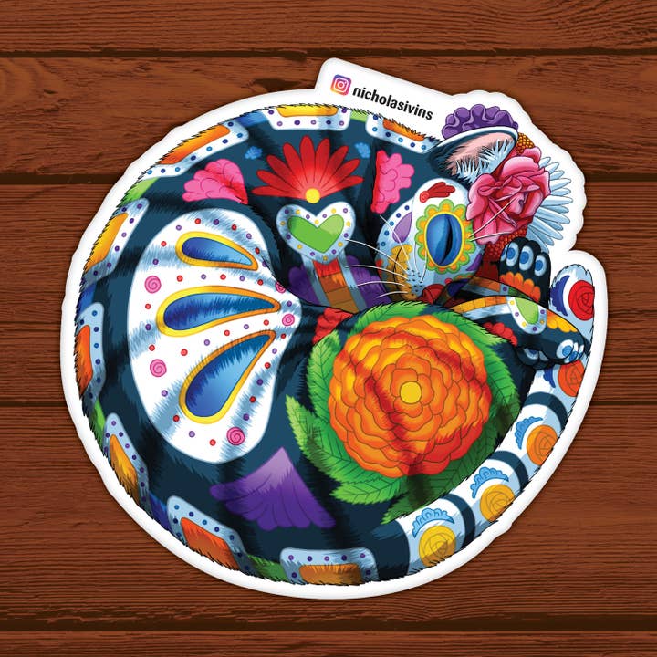 Day of the Dead Curled Up Cat Sticker - "Canela" for wholesale by Nicholas Ivins Art & Illustration