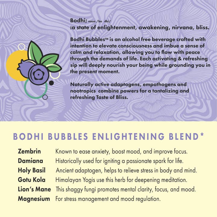 Bodhi Bubbles - Wholesale Non-Alcoholic Aperitif/Mocktail - Blueberry Bliss (12ct) | Active Adaptogen Seltzer