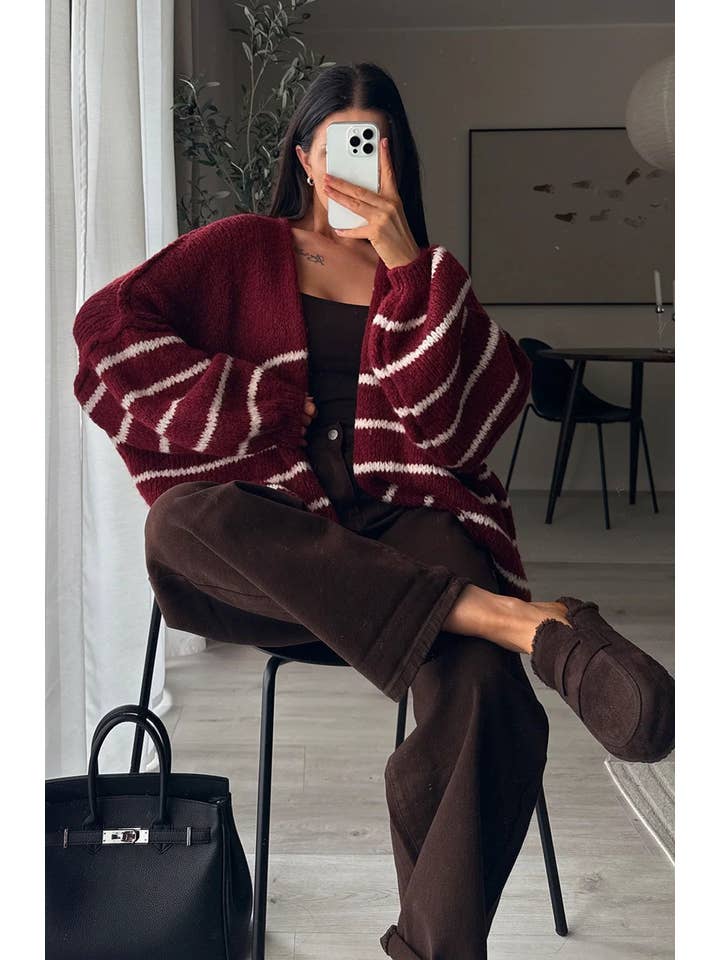 Wine Erin Striped Knitted Cardigan-Wine for wholesale on Faire3