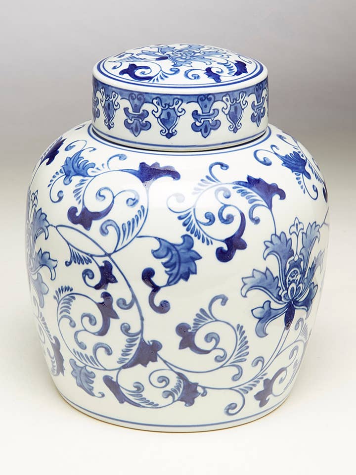 Blue and White Floral 10" Round Ginger Jar for wholesale by AA Importing