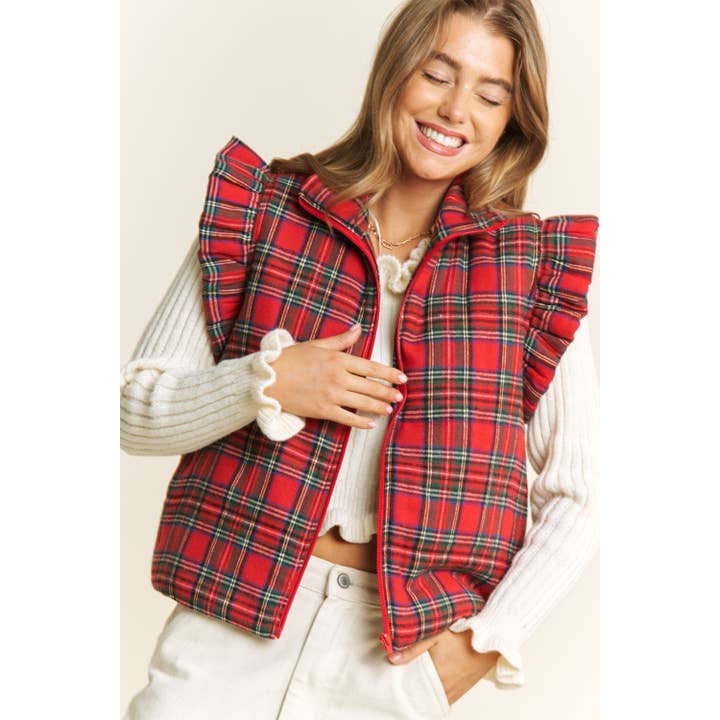 Red EVERYDAY PLAID PUFF ZIP UP VEST JACKET with ARMHOLE RUFFLE D for wholesale on Faire