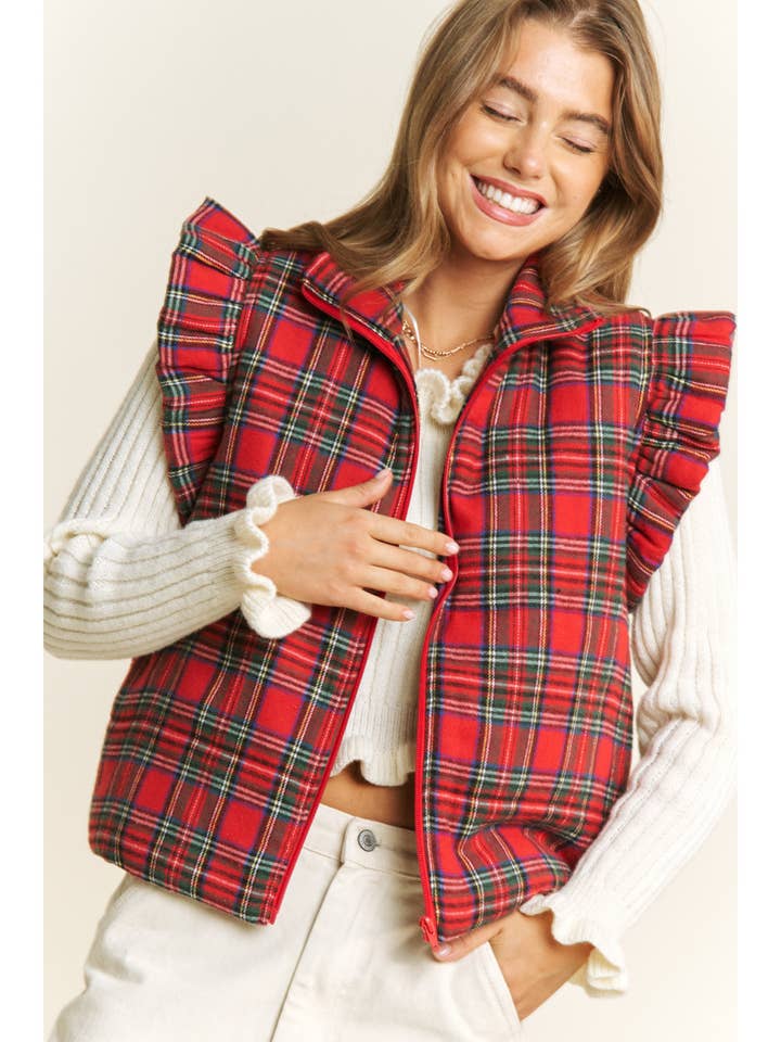 EVERYDAY PLAID PUFF ZIP UP VEST JACKET with ARMHOLE RUFFLE D and other Purchase Wholesale red plaid jacket. Free Returns & Net 60 Terms on Faire trending on Faire.