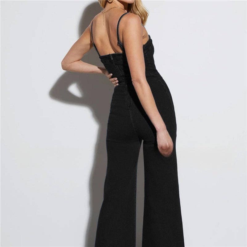 FurDecoration - Vendita all'ingrosso Tuta intera - Donna - Tuta aderente in denim con bretelle sottili2