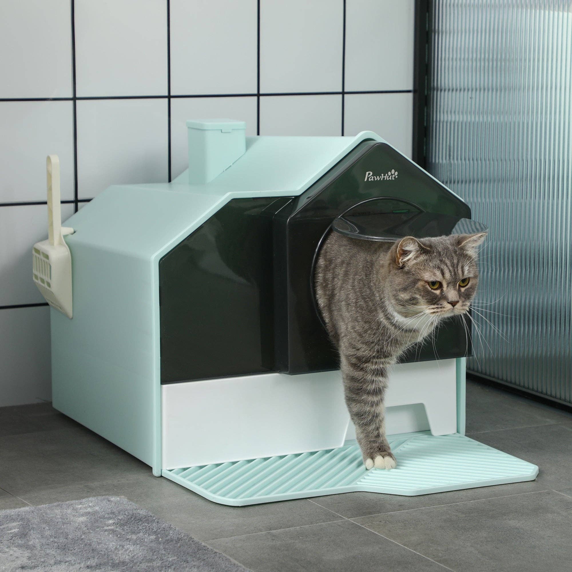 39F Inc. - Wholesale Cat Litter Box - PawHut Hooded Cat Litter Box - Light Blue, Mat/Drawer/Scoop0