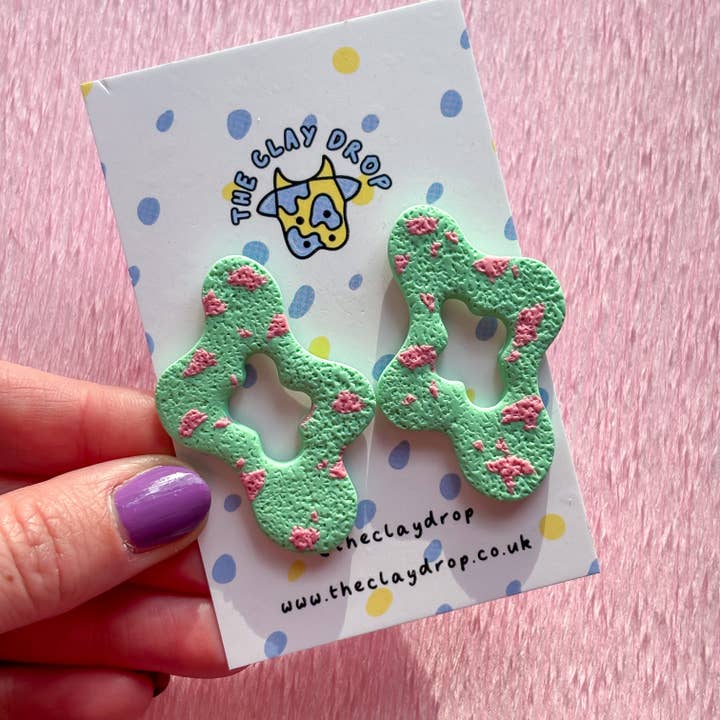 Wiggly Window Studs - Seafoam Green & Coral for wholesale by The Clay Drop