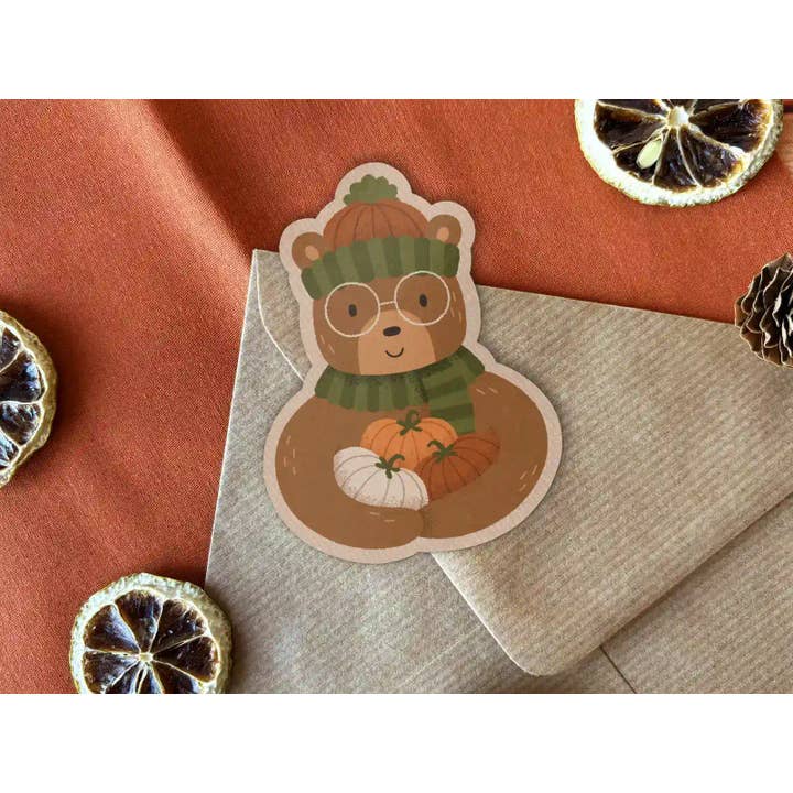 Cozy Pumpkin Bear Sticker for wholesale by Clare Lewis Illustration