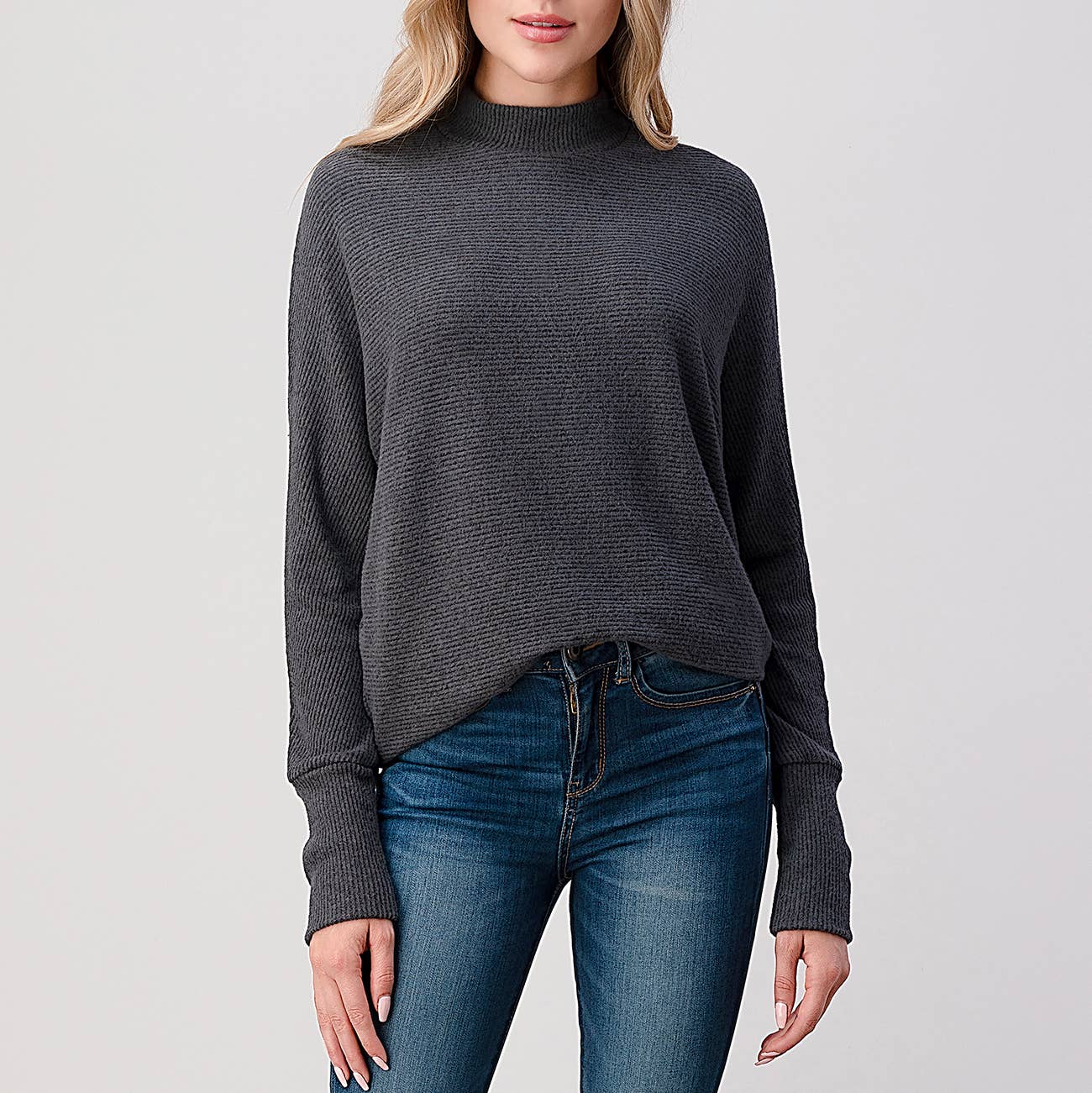 Heimious - Wholesale Knit Top - Women's - Mock Neck Long Dolman Sleeve Ribbed Knit Top, T26168