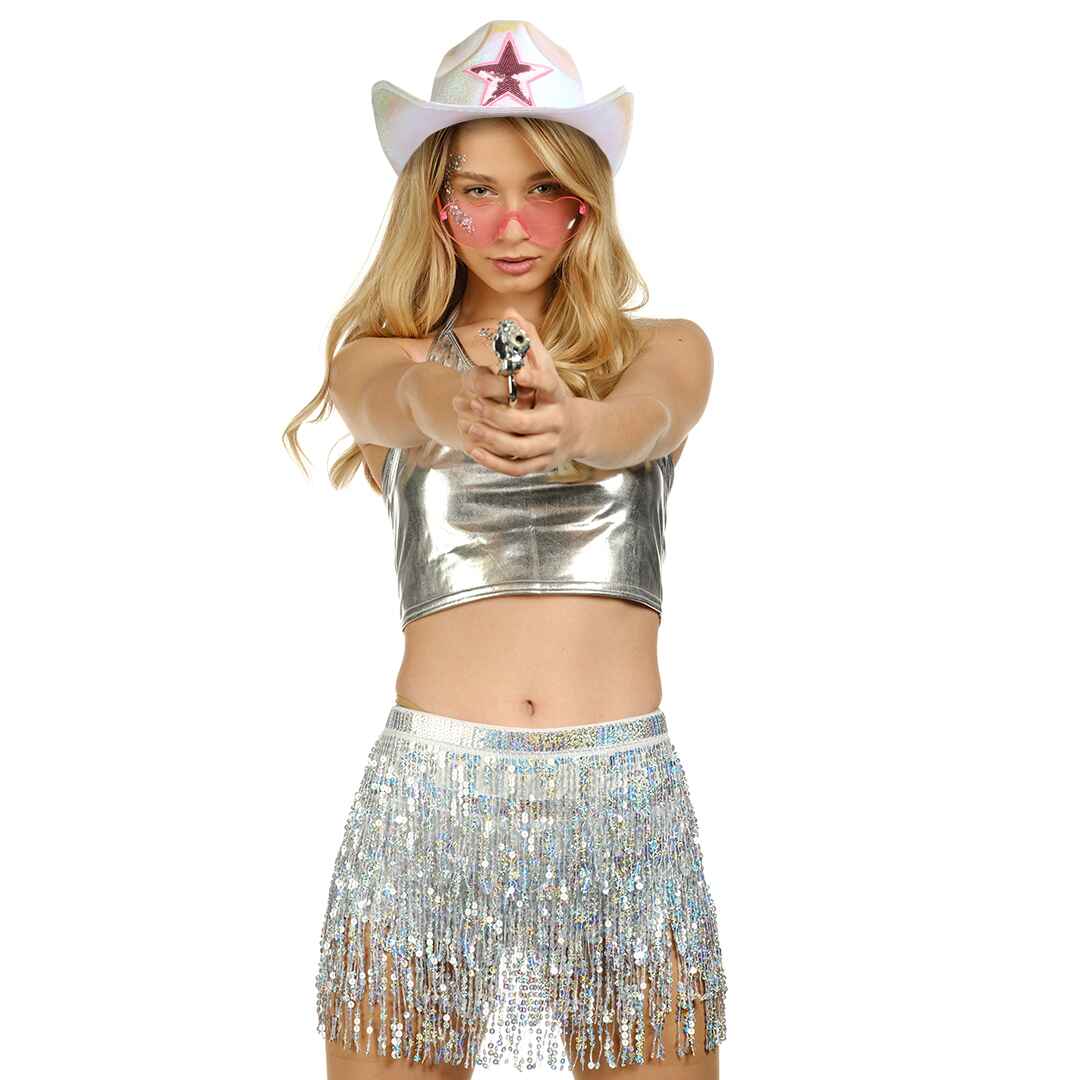 Funcredible – Großhandel Cowboyhut – Damen – Holographischer Cowgirl-Hut, weiß, mit Brille und Glitzer7