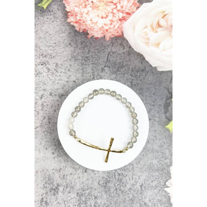 JHP Collection - Wholesale Beaded Bracelet - RELIGIOUS METAL CROSS STONE BEADED BRACELET