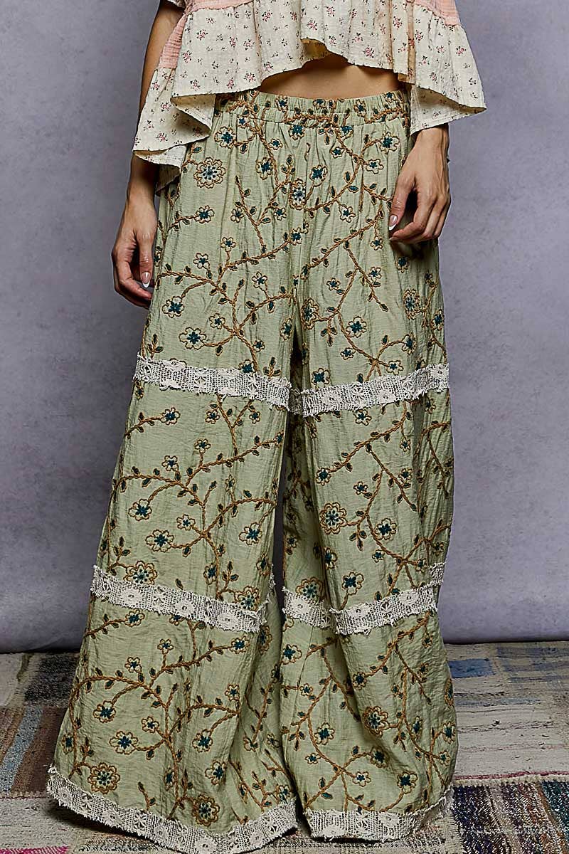 Pol Clothing - Wholesale Pants - Women's - Crochet lace patch embroidered woven floral pattern pants10