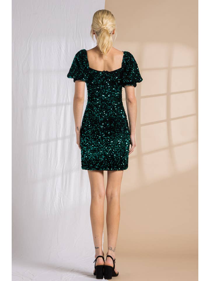 LENA - Wholesale Dress - Women's - Sequin Square Neck Balloon Short Sleeve Mini Dress
