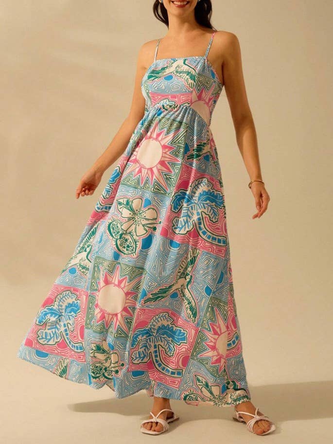 Bohemia vacation checkered printed resort strappy sundress for wholesale by Rosa Clothing