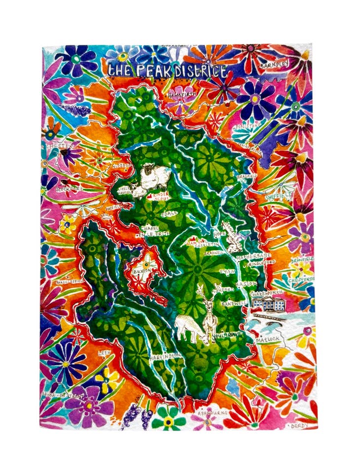 Peak District map A6 Floral hand painted greetings cards for wholesale by Au Faye