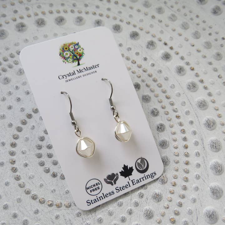 Pearl White Dangle Stainless Steel Earrings for wholesale by Crystal McMaster Jewellery Designer