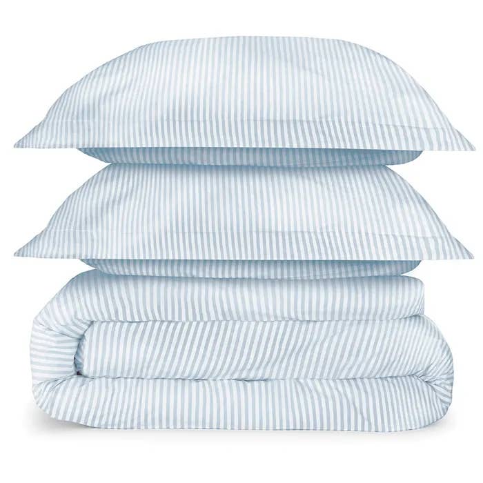 Melange Stripes Dusty Blue Queen Percale Duvet Set for wholesale by Bombacio