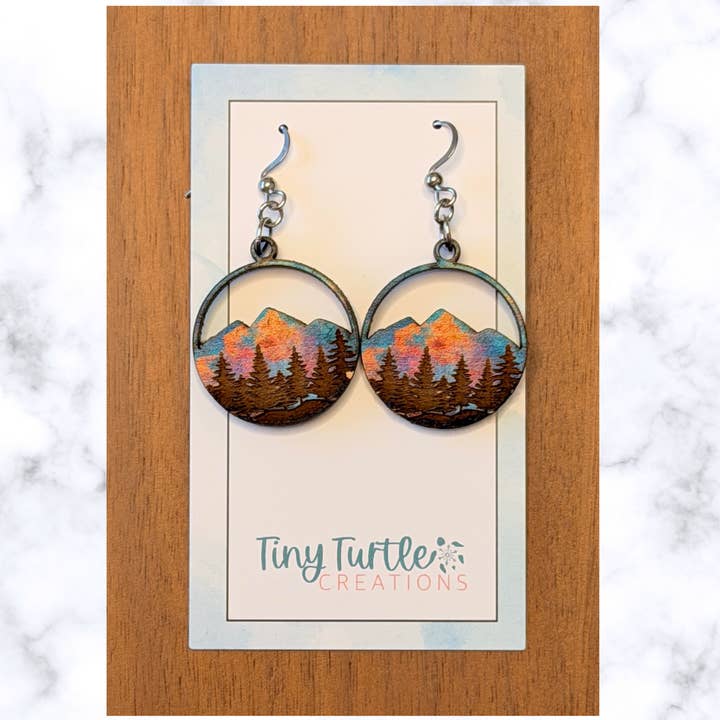 Alpenglow Peaks Wood Earrings for wholesale by Tiny Turtle Creations