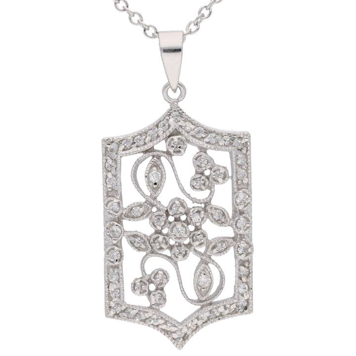 Victorianische Blumen-Pavé-CZ-Rhodium-Sterlingsilber-Halskette für den Großhandel von Silver Insanity