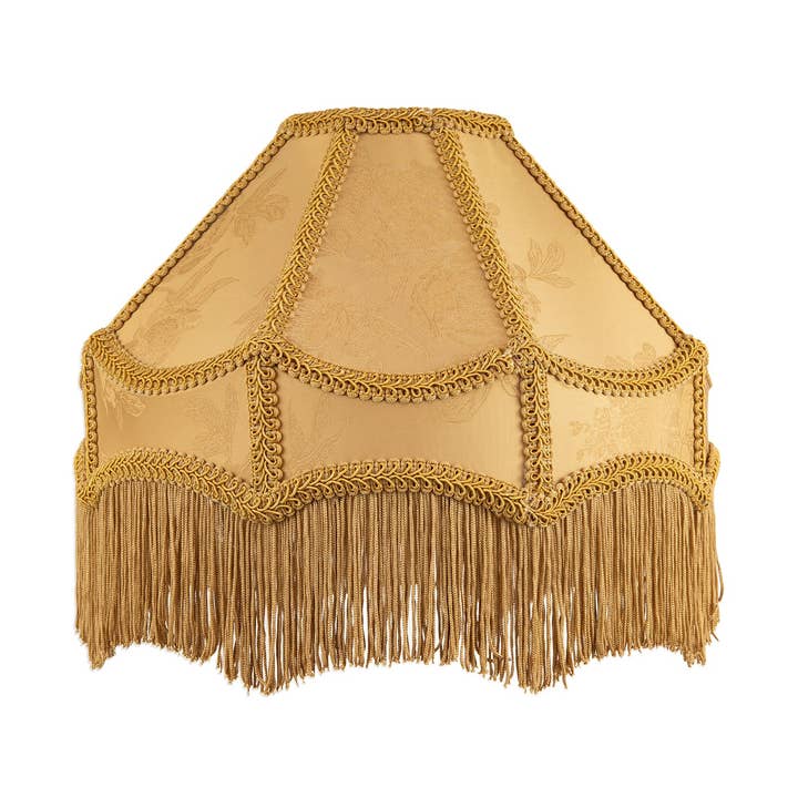 Gold Faux Silk Victorian Lamp Shade with Textured Floral Decor and Long Tassels for wholesale by Happy Homewares