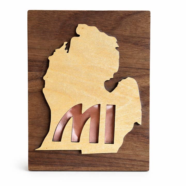 Michigan Wood & Copper State Plaque // “MI” Wall Art for wholesale by Jus Sayin'