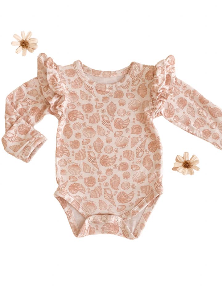 Organic Long Sleeve Ruffle Suit- Pink Dust Seashell for wholesale by India and Grace