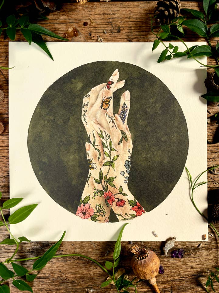 'The Botanist' botanische getatoeëerde handen kunstprint voor wholesale door Georgiou Draws