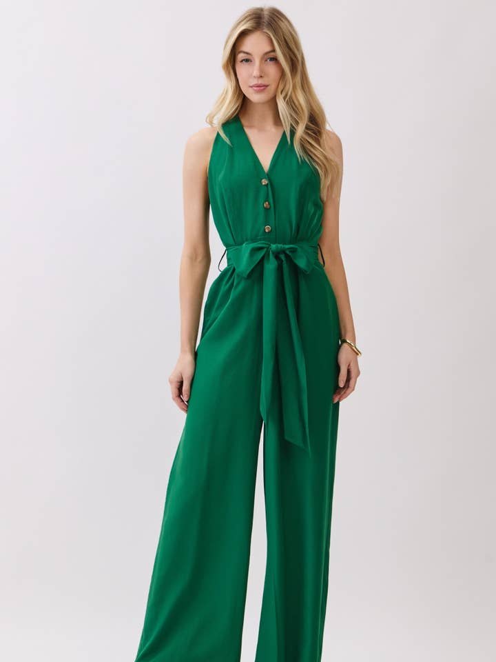 Solid Button Down Jump-suit HR3347-KELLY GREEN for wholesale by B I G H I T Fashion