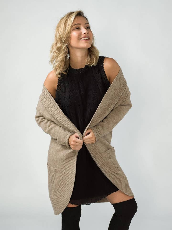 Merino Lambswool Cashmere Long Cardigan - Mid Brown for wholesale by ALS Australia