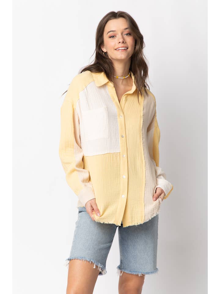 VERY J - Wholesale Button Down Shirt - Women's - NT10324-Color Blocked Button Down Shirt