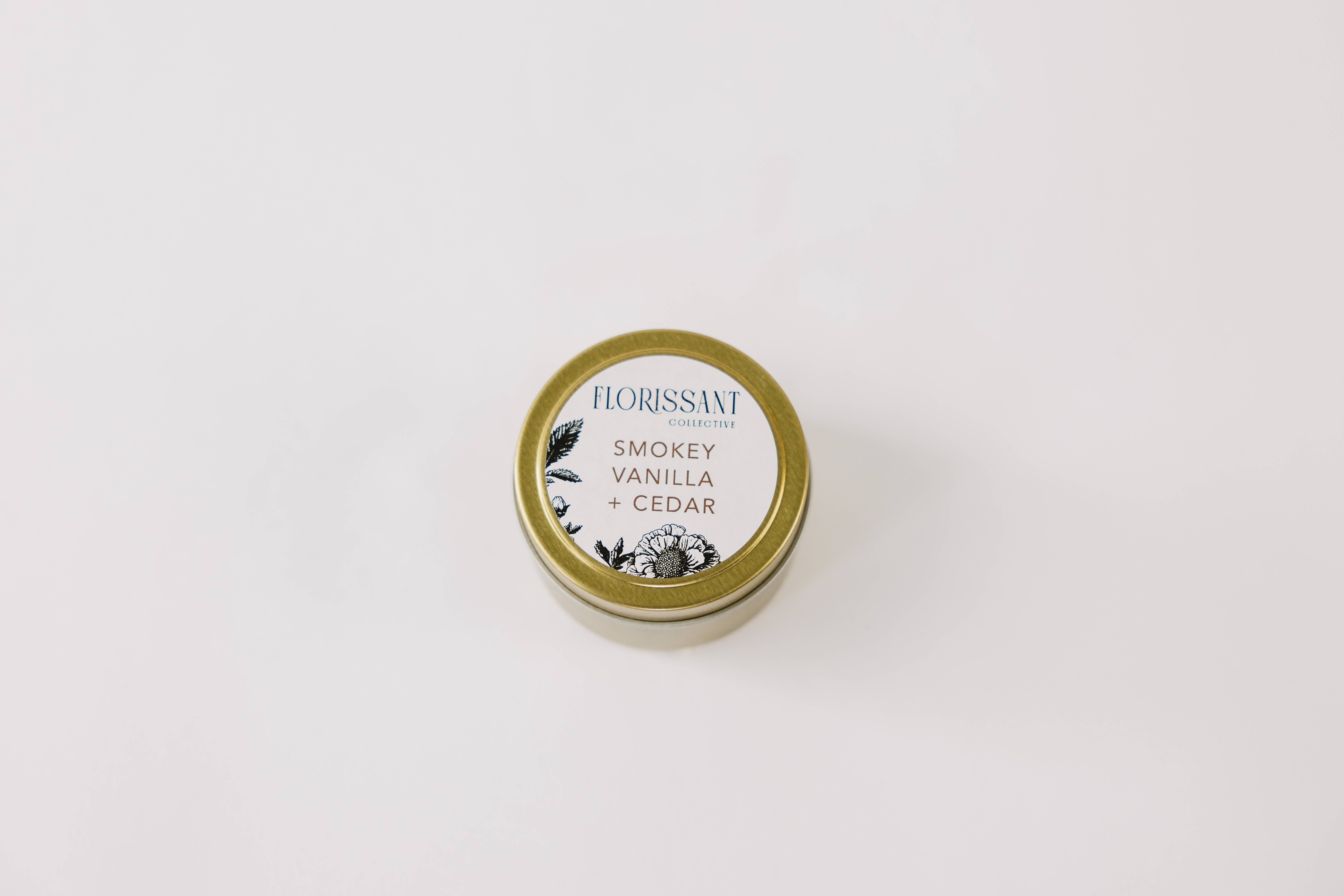 Florissant Collective - Wholesale Jar/Filled Candle - Smokey Vanilla + Cedar Candle Tin1