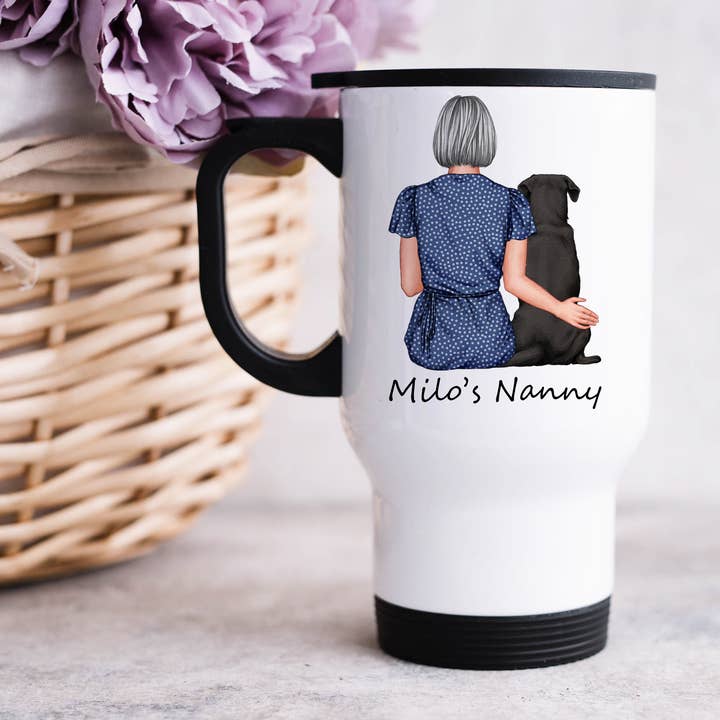 Customisable Lady & Dog Travel Mug for wholesale by DoodlecardsBoutique