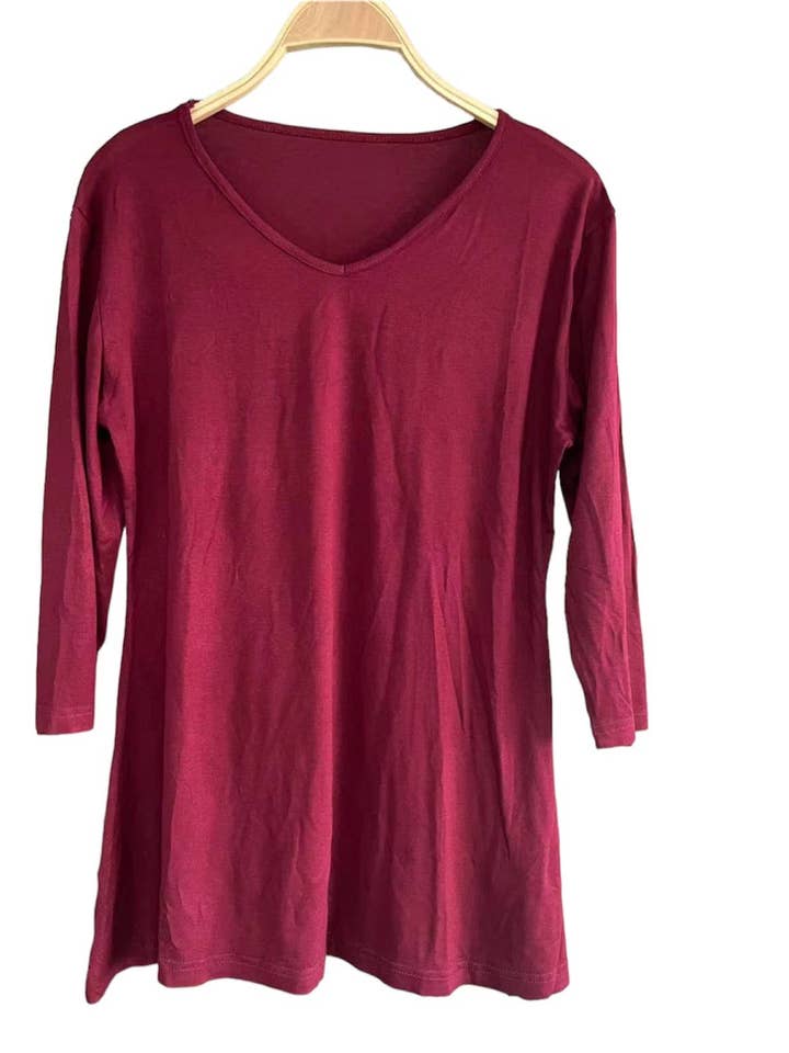 Women's 3/4 Sleeve Maroon V neck Top DK2140 for wholesale by Kamana