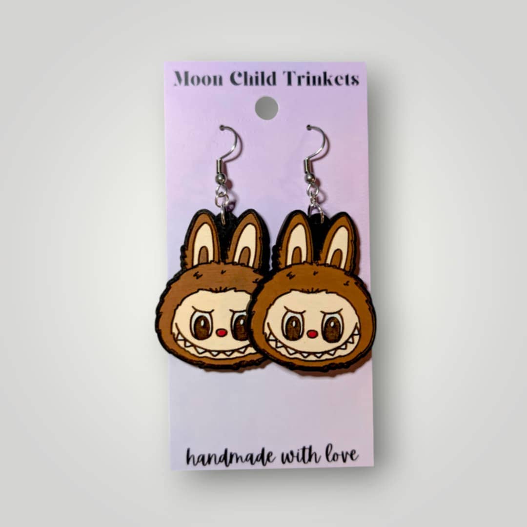 Moon Child Trinkets - Wholesale Dangle Earrings - Labubu Monster Head Hand Painted Wood Earrings1