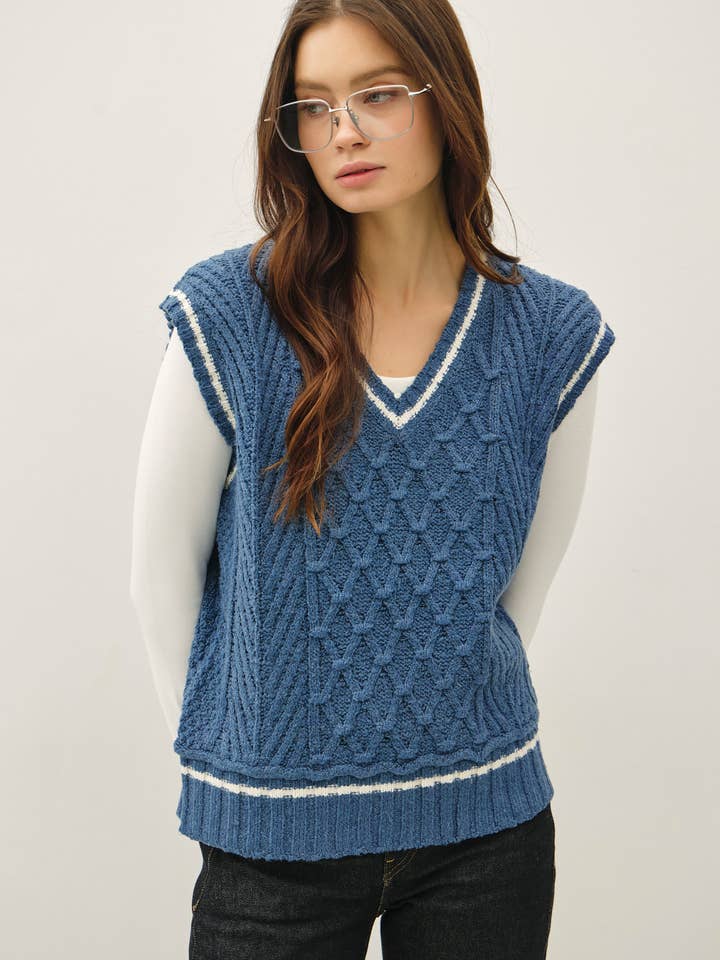 VARSITY STYLE CABLE KNIT SWEATER VEST for wholesale by Be Cool