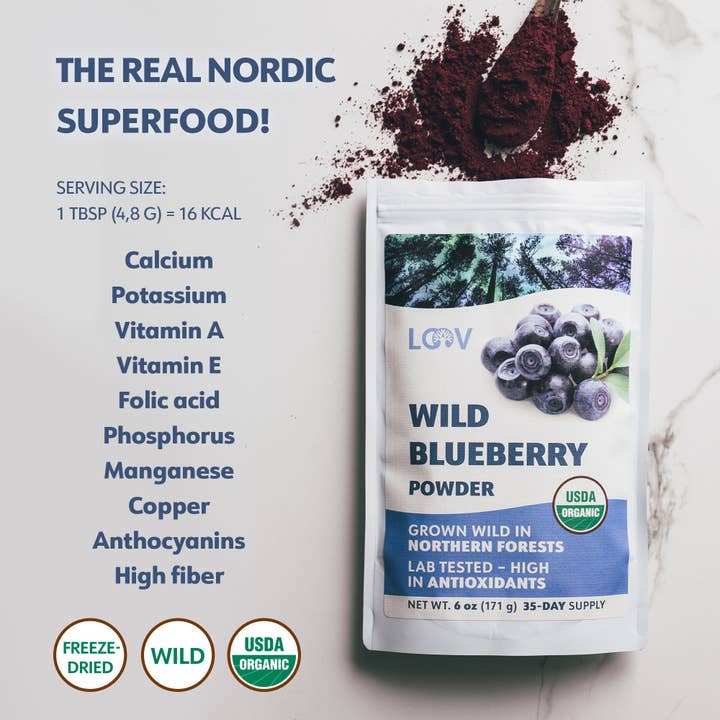 LOOV Organic Superfoods - Wholesale Protein/Superfood Powder - Freeze-Dried Organic Wild Blueberry Powder 6 oz