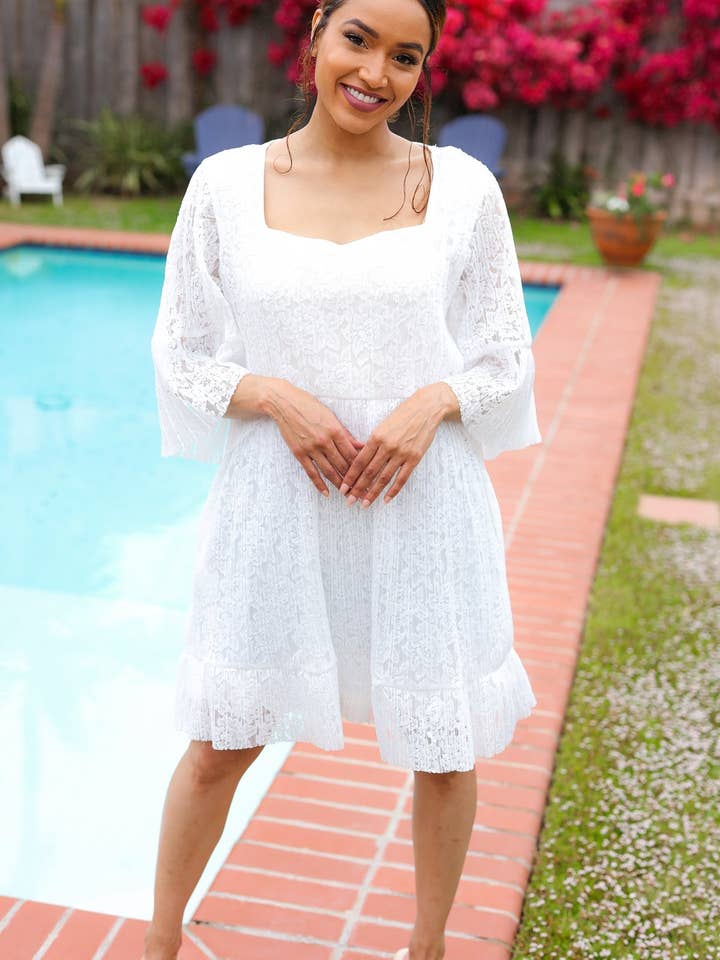 Diva Dreams White Accordion Pleated Lace Square Neck Dress (Open Pack) for wholesale by Promenade