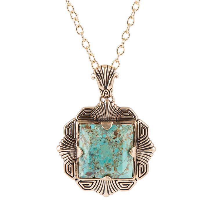 Blue Turquoise Square Golden Pendant Necklace for wholesale by Barse Jewelry