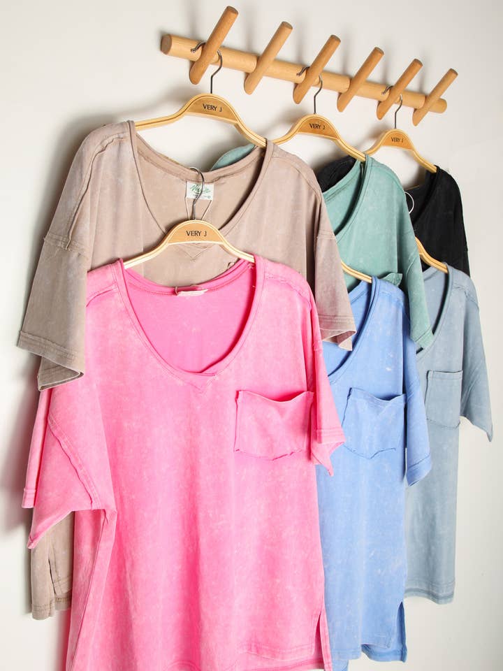 VERY J - Wholesale Knit Top - Women's - NT11966-Mineral Washed V-Neck Knit Top