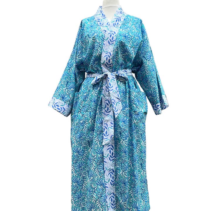 Long Cotton Kimono - Jaipur Turquoise & Blue for wholesale by Lime Tree Design - US