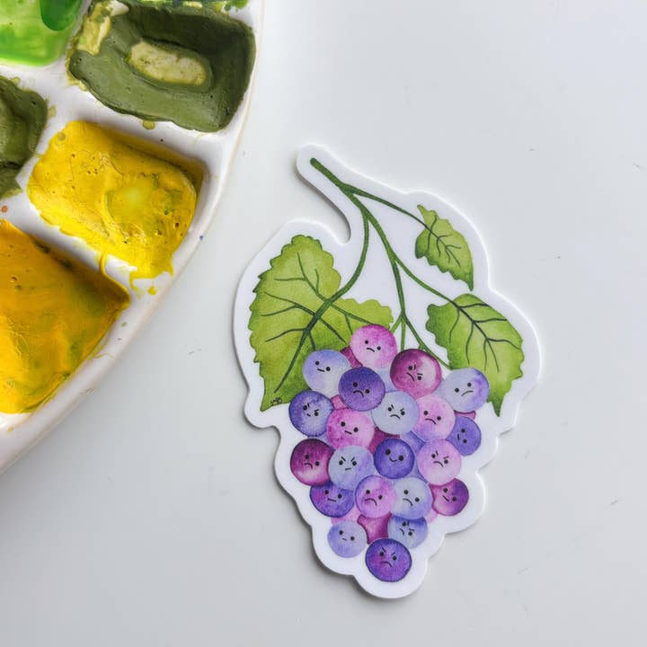 Sour Grapes Vinyl Sticker – Kawaii Fruit Pun & Grape Art for wholesale by Owlfeathers Watercolor